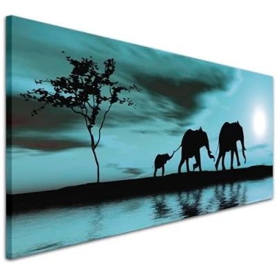 Image of Wallfillers Teal African Sunset Elephants Canvas Wall Art Print 1362 118x49cm