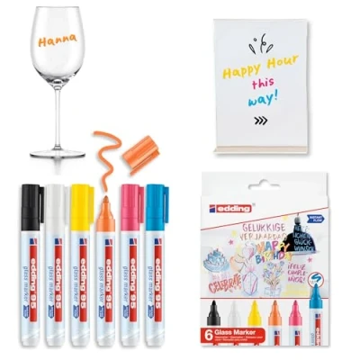 Image of edding 95 glass marker multi coloured 6 pens round nib 1.5 3 mm washable window pen for writing and marking on surfaces, windows, glassboards, whiteboards dry wipeable