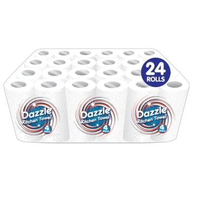 Image of Dazzle Super Absorbent Kitchen Towel Rolls 2 Ply Quilted Paper Towels Ideal for Spills &amp; Splashes 44 Sheets Per Roll in 1 Pack of 24 (24)