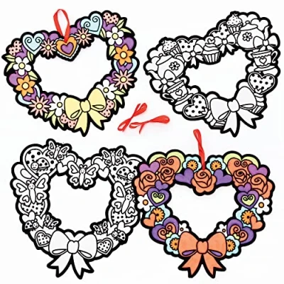Image of Baker Ross Heart Fuzzy Art Pack of 10, Valentine&#039;s Wreath Colouring Activities (FC465), Assorted