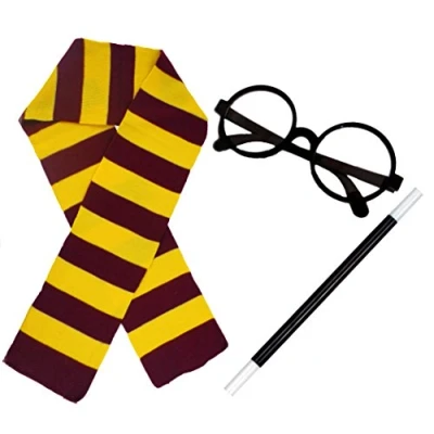 Image of WIZARD SET FANCY DRESS COSTUME ACCESSORY MAROON &amp; GOLD SCARF + MAGICIAN WAND GLASSES