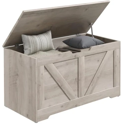 Image of HOMCOM Storage Chest, Trunk with 2 Safety Hinges and U shaped Cut out Pull, Wooden Toy Box for Living Room, Entryway, 80 x 40 45 cm, Grey Wood Grain