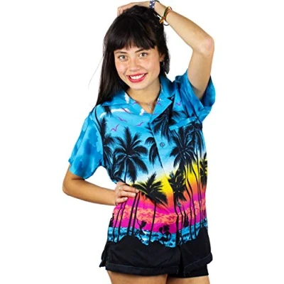 Image of V.H.O. Funky Hawaiian Blouse Shirt, Shortsleeve, Beach, Turquoise, L