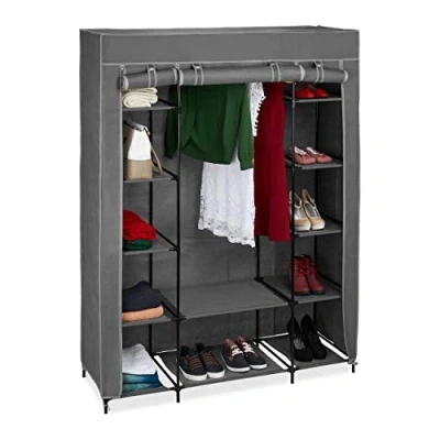 Image of Relaxdays Fabric Wardrobe Rail &amp; 12 Shelves, 175 x 135 45 cm, Closet with Zipper, Clothes Storage, Grey, 50% iron 40% fleece 10% plastic