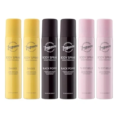 Image of Designer Fragrances 6 Pack Assorted Aromas Bundle Tu Est Belle, Daisy, Black Poppy Women&#039;s Body Spray Deodorant Cans For Instant Freshness on The Go Long Lasting Smell, Great Gifts 100ml