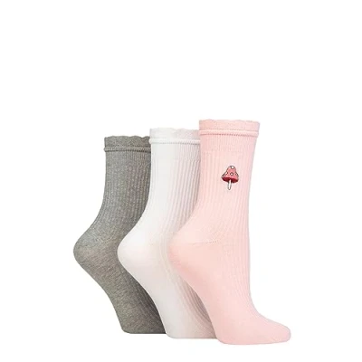 Image of Women&#039;s 3 Pair SOCKSHOP Wildfeet Mid Length Frill Top Embroidered Socks Mushroom 4 8