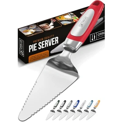 Image of Orblue Cake Slice and Pie Server, Stainless Steel Knife Slicer Server Cutter with Serrated Edges for Pizza (Red)