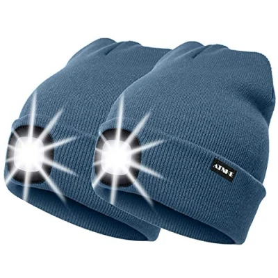 Image of ATNKE 2Pcs New Warm LED Lighted Beanie Cap Unisex USB Rechargeable Running Hat Ultra Bright 4 Waterproof Light Lamp Multi color (Shadow Blue, 2PCS)