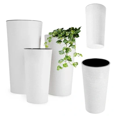 Image of KADAX Tall Planter, Round Eco Friendly Plant Pot for Indoor and Outdoor Use, Large Flower Made from Recycled Wood Shavings (White, Set of 3)