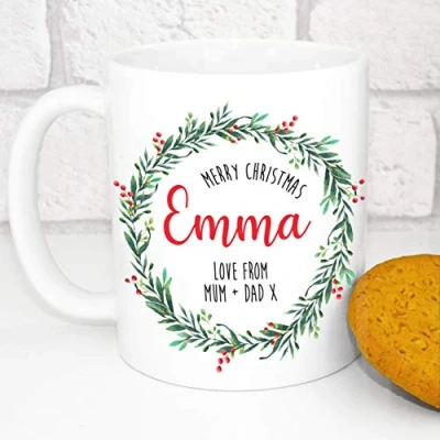 Image of Personalised Christmas Mug Custom Festive Design Add Your Own Name (Holly Wreath)
