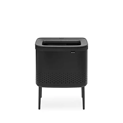Image of Brabantia Bo Laundry Bin 60L Stylish Dirty Clothes Hamper Lid with Quick Drop Opening Removable Cotton Bag Portable &amp; Hygienic Bedroom Bathroom Accessory Matt Black