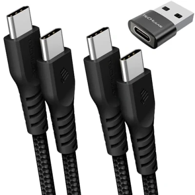 Image of TECHGEAR USB C to Charger Cable 60W (1M+2M+Adapter) Braided Fast Charging Type Data Lead Compatible with iPhone 15/16, iPad Air 11,MacBook Pro,Samsung S24/S23/A54/A14/A04s,Pixel 9