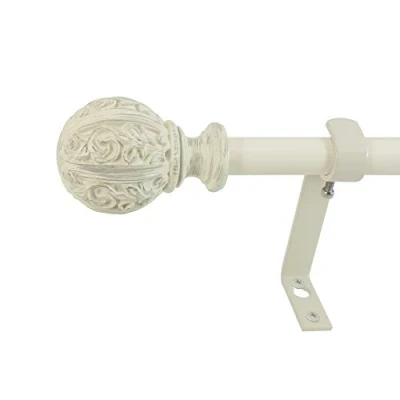 Image of Decopolitan 29992 26DW Leaf Ball 5/8&quot; Curtain Rod Set, 26 to 48 Inches, Distressed Ivory