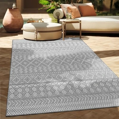 Image of Paco Home Outdoor Rug Kitchen Modern Boho Pattern, Size:150x150 cm square, Colour:Beige 3