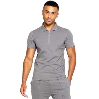 Image of 989Zé ENZO Mens Polo Shirt Regular Fit Summer Tee Zip Collar Short Sleeve Casual T EZPL617 Grey XL