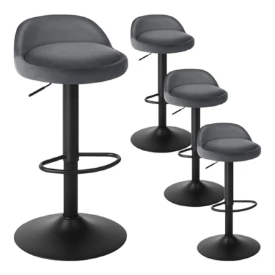 Image of EUGAD Bar Stools Set of 4 Dark Grey Velvet Swivel Chairs Breakfast Dining Height Adjustable Barstools, Footrest, Seat 62 83cm 0823BY UK