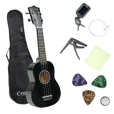 Image of Crystal 21&quot; Soprano Ukulele for Beginners Perfect Kids &amp; Adults with Gig Bag, Felt Pick Spare Strings Ideal Musical Instrument Learning Fun Lightweight Black