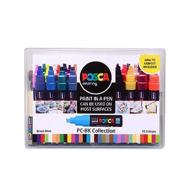 Image of POSCA PC 8K Permanent Marker Paint Pens. Broad Chisel Tip for Art &amp; Crafts. Multi Surface Use On Wood Metal Paper Canvas Cardboard Glass Fabric Ceramic Rock Pebble Stone Porcelain. Set of 33 Colours