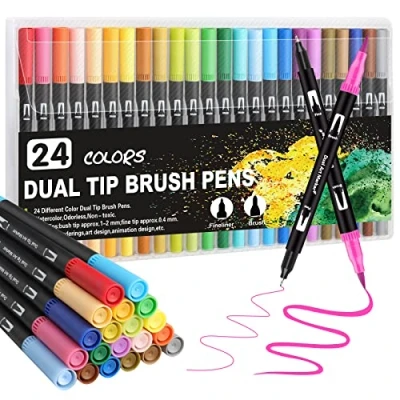 Image of Gelanty Dual Tip Brush Pens, Colouring Pens for Adults and Kids, 24 Colors Felt Coloured Drawing Art Children Drawing, Sketching, Coloring Book
