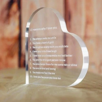 Image of HomeZone Heart Shaped Paperweight Engraved Message Plaque &#039;10 Reasons Why I Love You&#039; for Her Him Birthday Gift Desk Shelf Ornamental Home Office Décor Acrylic Table Weight Mum Dad Girlfriend