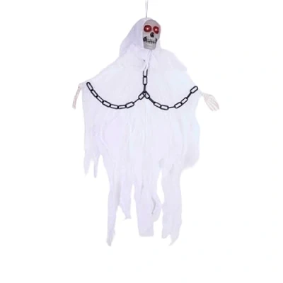 Image of SHATCHI 90cm LED Flashing Eyes Skeleton in Chain Scary Sound Poseable Hands Flying Ghost Skull Halloween Hanging Decoration Grim Reaper Haunted House Prop Spooky, Polyester, White, 3Ft