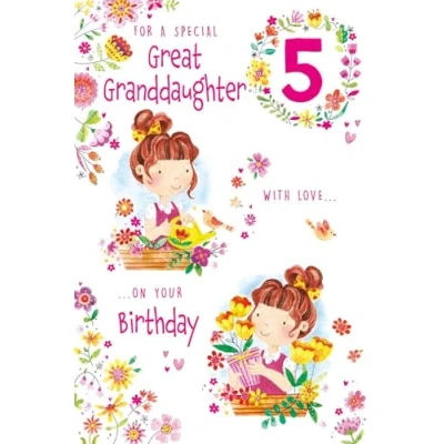 Image of Paper Rose Special Great Granddaughter 5th Birthday Card Age 5 Cute Girl Watering Flowers with Birds &amp; Design Foil Details Eco Friendly and Recyclable