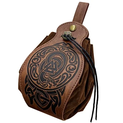 Image of HiiFeuer Medeival Faux Leather Pouch, Portable Drawstring Purse, Vintage Belt Pouch Dice Bag for LARP Ren Faire (Nidhogg Brown)