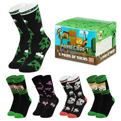 Image of Minecraft Boys Socks 3 Pack or 5 Cotton Rich Crew Kids Ankle Everyday School Sports Gaming Gifts for (Black/Multi, 7 10 Years,12.5 3.5 UK)