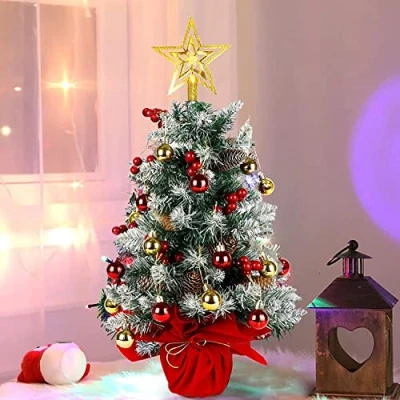 Image of KAHEIGN Mini Christmas Tree, 60CM Artificial Tree Tabletop Pine Potted Small Xmas with Ball Red Berry Cone Star for Home Office Table Decorations