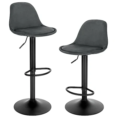 Image of EUGAD Swivel Bar Stools Set of 2 Height Adjustable Stools, Breakfast Chairs Kitchen Velvet Barstools with Footrest, Backrest, Metal Base, High Dark Grey, 1051BY UK