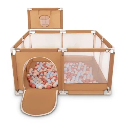 Image of Selonis Square Play Pen Filed with 400 Balls Basketball, Beige:Pastel Beige/Pastel Blue/Salmon Pink