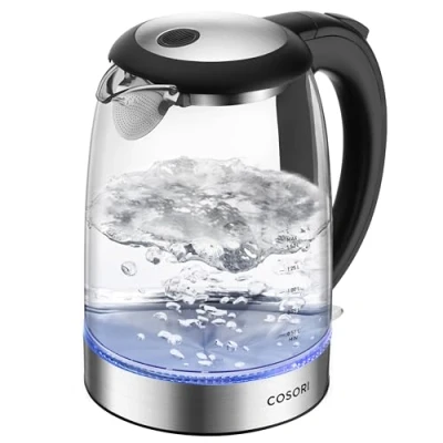 Image of COSORI Electric Kettle Glass, 3000W with No Plastic Filter &amp; Spout, Stainless Steel Inner Lid, Quiet Fast Boil Blue LED, BPA Free, Smart Dry Protection, Black, 1.5L