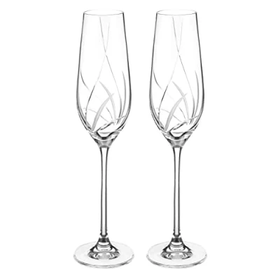 Image of DIAMANTE Champagne Flutes Prosecco Glasses Pair with Meadow Hand Cut Design Set of 2 Crystal