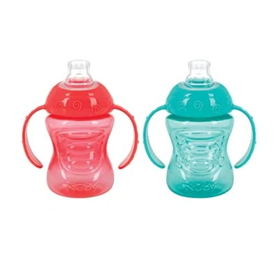 Image of Nuby Plastic 2 Pack Two Handle No Spill Super Spout Grip N&#039; Sip Cups, 8 Ounce, Pink and Purple