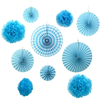 Image of Set of 10 Blue Paper Fans Rosettes Hanging Ornament Birthday Party Wedding Decorative