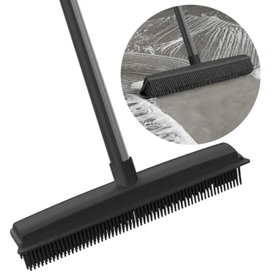 Image of 2 in 1 Rubber Broom with Squeegee Edge, Carpet Brush Adjustable Long Handle Outdoor Soft Push for Pet Cat Dog Hair Removal Kitchen Garden Yard Window Cleaning (Black Fur Removal)