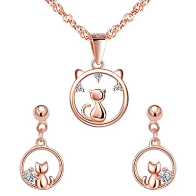 Image of Yumilok Jewellery Gifts for Women Cat Rose Gold Necklaces and Earrings Sets