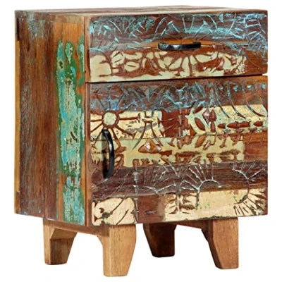 Image of vidaXL Hand Carved Solid Reclaimed Wood Bedside Cabinet, Antique Mid Century Inspired Design with Drawer &amp; Door, Multicoloured Nightstand