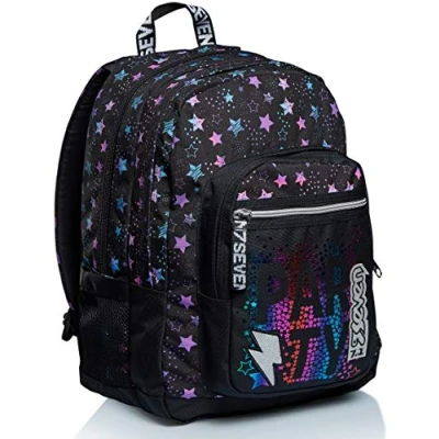 Image of Seven Backpack, BROADER DANCE PARTY Knapsack Padded School Bag, Book For Teen, Girls&amp;Boys, Large Capacity, School, Sport &amp; Free Time, with Side Pockets&amp; USB Port, Italian Design, black