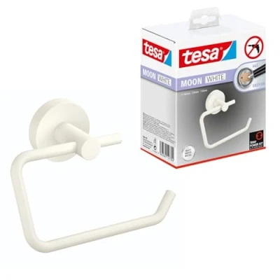 Image of tesa MOON white Toilet Paper Holder, matt Roll holder without lid for industrial style and modern bathrooms drill free, incl. adhesive solution 99 mm x 140 53