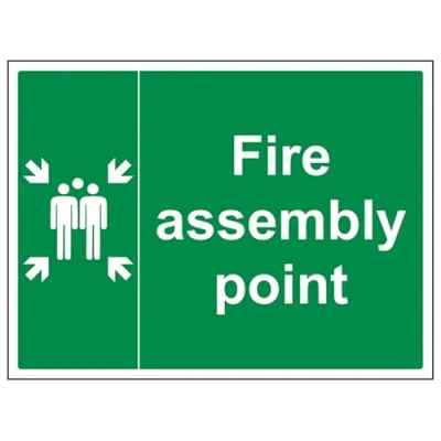 Image of V Safety 17003BF R Fire Assembly Point With Family Sign Landscape 400mm x 300mm 1mm Rigid Plastic, Green