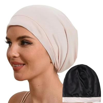 Image of Hat Hut 100% Mulberry Silk Lined Sleep Cap Pure Bonnet for Curly Hair Wrap Sleeping Slouchy Beanie (Pink)