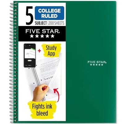 Image of Five Star Spiral Notebook, 5 Subject, College Ruled, 200 Sheets, 11 x 8.5 Inch, Green (72079)