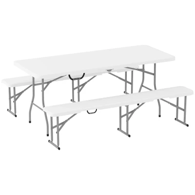 Image of Outsunny 3 Piece 6ft Folding Picnic Table and Bench Set, Portable HDPE Camping Chairs with Carrying Handles for Indoor Outdoor, Dining, Camping, Picnic, BBQ, Party, White