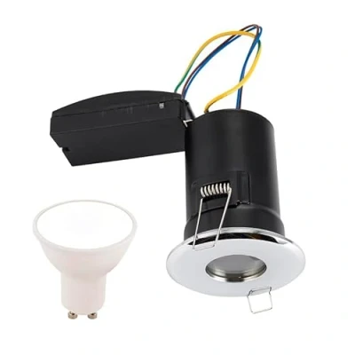 Image of Saxby 50686 Polished Chrome ShieldPLUS Fixed IP65 Downlight with 5W Daylight LED Lamp