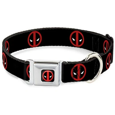 Image of Buckle Down Seatbelt Dog Collar Deadpool Logo Black/Red/White 1&quot; Wide Fits 9 15&quot; Neck Small