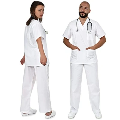 Image of B well Colombo Unisex Scrub Set, Slip On Tunic and Trousers Medical Doctor Uniform, Uniforms &amp; Scrubs, Work Wear, Thick Fabric White XX Large