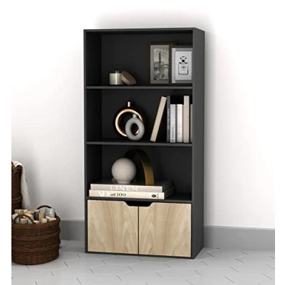 Image of URBNLIVING 4 Tier Wide Wooden Bookcase Cupboard with 2 Doors Storage Shelving Display Shelf Cabinet Unit (Black Oak Doors)