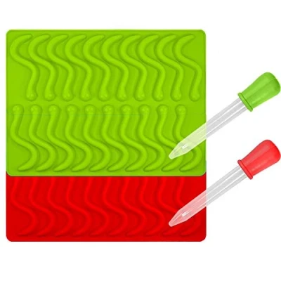 Image of Candy Silicone Molds &amp; Ice Cube Trays, Gummy Worm Jelly Chocolate Soap Cake Moulds 20 Cavities with Bonus Dropper (Red, Green)