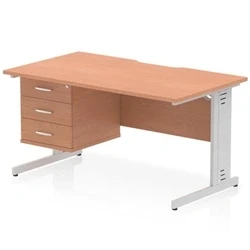 Image of Impulse 1400 x 800mm Scalloped Edge Office Desk Beech Top Silver Cable Managed Leg Workstation 1 3 Drawer Fixed Pedestal
